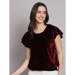 VAARARO Round Neck Flutter Sleeves Gathered Velvet Blouson Top-picture-39