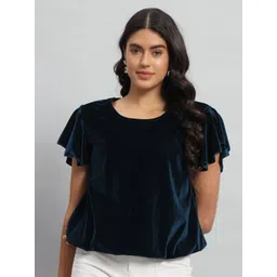 VAARARO Round Neck Flutter Sleeves Gathered Velvet Blouson Top-picture-39