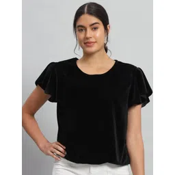 VAARARO Round Neck Flutter Sleeves Velvet Blouson Top-picture-12