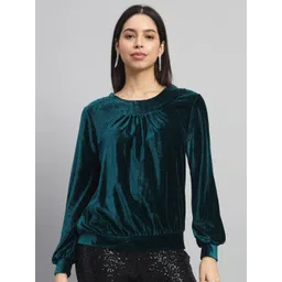 VAARARO Round Neck Puff Sleeves Gathered Velvet Blouson Top-picture-15
