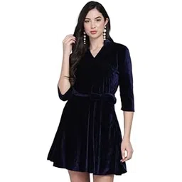 vaararo Velvet Fit & Flare Mini Dress | Elegant with Belt & Mandarin Neck Dark Blue X-Large-picture-14