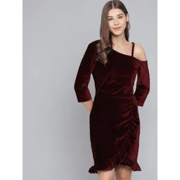 VAARARO Women One Shoulder Ruffles Tulip Hem Velvet Sheath Mini Dress-picture-28