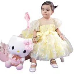 Vaidahi Wear Yellow Floral Party Frock for Baby Girls, Net Fabric, Multi-Layered Tulle, 3D Embellishments, with Headband, 1-10 Years-picture-16