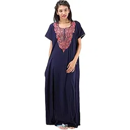 valencia sleepwear lissybissy Cotton Resham Embroidery Nighty Night Gown Maxi for Women A line (Navy Blue)-picture-36