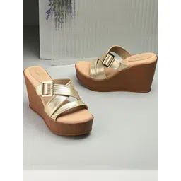 Valentino Women Gold Synthetic Leather High-Top Wedge Heels-picture-10