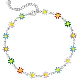 vama FASHIONS Silver Adjustable Multicolor Daisy Flower Ankle Bracelets Toes Foot Jewelry Leg Payal Anklets Charm Chains for Girls Women-picture-29