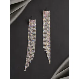 VAMA Silver-Plated Rhinestone Hanging Drop Sparkle Tassel Contemporary Drop Earrings-picture-21
