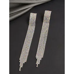 VAMA Silver-Plated Rhinestone Hanging Drop Sparkle Tassel Contemporary Drop Earrings-picture-30