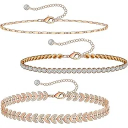 vama Traditional Adjustable Rosegold Stylish AD Stone Tennis Anklet Leaf Layered Chain Payal Toes Foot Chains Ankle Leg Anklets For Girls Women-picture-25