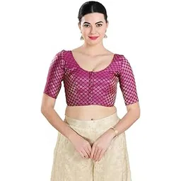 vamas Women's Brocade & Georgette Padded Self Design Half Sleeve Readymade Saree Blouse (X-1127.ELB)-picture-25
