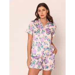 Vami Floral Printed Shirt & Shorts Satin Night Suit-picture-20