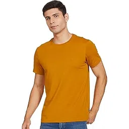 Van Heusen Athleisure Men Regular Fit T-Shirt-Cotton Rich-Smart Tech, Easy Stain Release, Anti Stat, Ultra Soft, Moisture Wicking_60021_Mustard_L, Yellow-picture-14