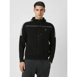Van Heusen Black Regular Fit Logo Printed Hooded Jacket image 1