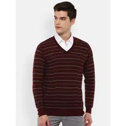 Van Heusen Men Maroon & Grey Pure Cotton Striped Pullover-picture-14