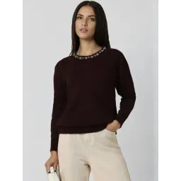 Van Heusen Women Brown Embellished Round Neck Sweater-image-14