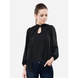 V&M Black Solid Keyhole Neck Georgette Top-picture-24