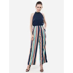 V&M Navy Blue & Orange Halter Neck Striped Basic Jumpsuit-picture-47