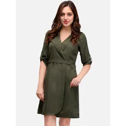V&M Women Olive Green Solid Wrap Dress-picture-30
