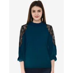 V&M Women Teal Bishop Sleeves Crepe Regular Top-picture-15