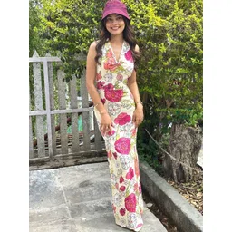 VANGULL Floral Print Halter Neck Maxi Dress-image-49