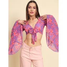 VANGULL Women Floral Print Bell Sleeve Georgette Crop Top-picture-35
