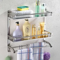 vansi by vansi Multipurpose Double Shelf 3 Tier Shelf/Double Towel Rod With 3 Sliding Hooks Sliver Towel Holder-picture-27
