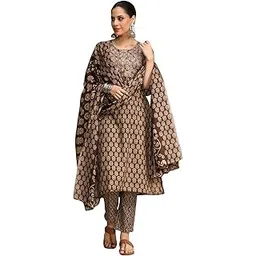 varanga Brown Ethnic Jaipuri Printed Thread Embroidered Kurta With Trouser & Dupatta-picture-23