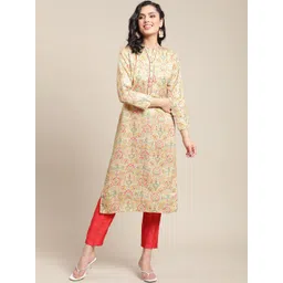 Varanga Cream-Coloured & Pink Floral Printed Mandarin Collar Woolen Straight Kurta-picture-16