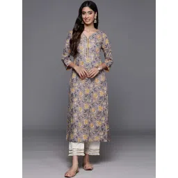 Varanga Grey Cotton Floral Print Straight Kurta-picture-24