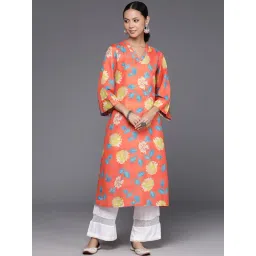 Varanga Orange Cotton Floral Print Straight Kurta-image-24
