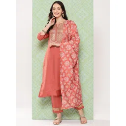 Varanga Orange Ethnic Motifs Yoke Design Gotta Patti Kurta with Trousers & With Dupatta-image-0