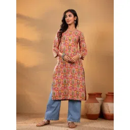 Varanga Pink & Green Cotton Printed Kurta-picture-26