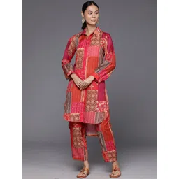 Varanga Pink & Orange-Coloured Ethnic Motifs Printed Shirt Collar Tunic & Trouser-image-2