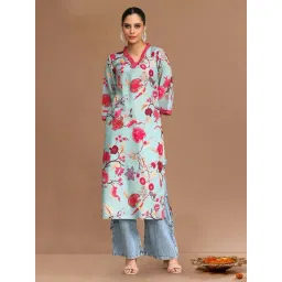 Varanga Sea Green Cotton Regular Fit Floral Print Kurta-picture-24