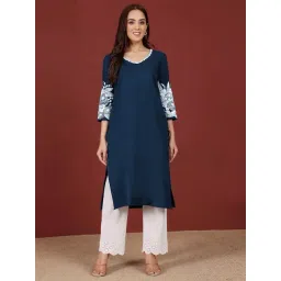 Varanga Teal Cotton Embroidered Kurti-picture-27