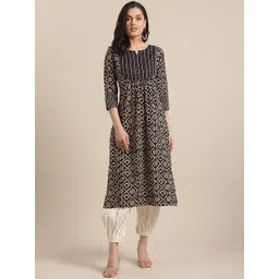 Varanga Women Black & Beige Bandhani Printed Notched Neck Straight Kurta-picture-30
