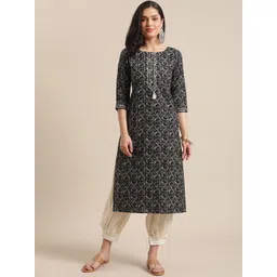 Varanga Women Black & Beige Ethnic Motifs Printed Thread Work Kurta-picture-32