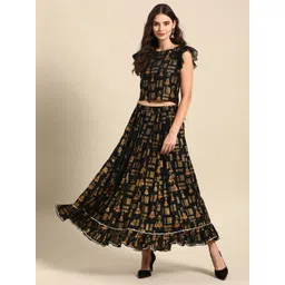 Varanga Women Black & Gold-Toned Printed Ruffled Top with Skirt-picture-10