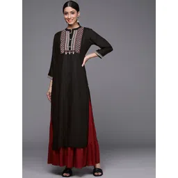 Varanga Women Black & Off White Ethnic Motifs Embroidered Yoke Design Kurta-picture-23