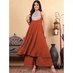 Varanga Women Embroidered Panelled Silk Georgette Kurta with Trousers-picture-27