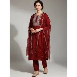Varanga Women Ethnic Motifs Embroidered Regular Thread Work Kurta with Trousers & With Dupatta-picture-24