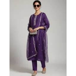 Varanga Women Ethnic Motifs Embroidered Regular Thread Work Kurta with Trousers & With Dupatta-picture-35