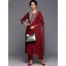 Varanga Women Floral Embroidered Regular Chanderi Silk Kurta with Trousers & With Dupatta-picture-33