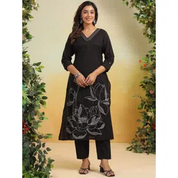 Varanga Women Floral Embroidered Regular Sequinned Pure Cotton Kurta with Trousers-picture-20