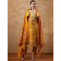 Varanga Women Floral Yoke Design Straight Kurta with Trousers & Dupatta-picture-10