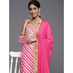 Varanga Women Fuchsia Striped Gotta Patti Kurta with Trousers & With Dupatta-picture-27