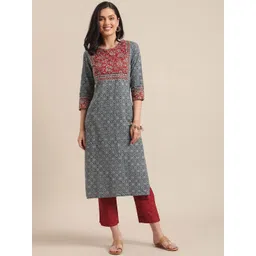 Varanga Women Geometric Printed Keyhole Neck Thread Work Kurta-picture-19