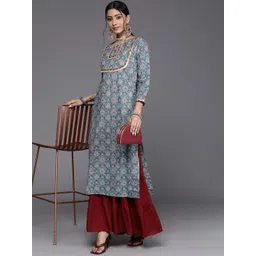 Varanga Women Green & Blue Pure Cotton Floral Printed Kurta-picture-29