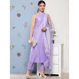 Varanga Women Lavender Striped Pure Cotton Kurta with Trousers & With Dupatta-picture-29