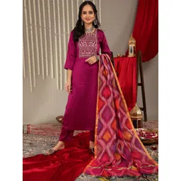 Varanga Women Magenta Ethnic Motifs Yoke Design Kurta with Trousers & With Dupatta-picture-29